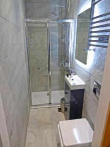 a bathroom with a shower and a toilet and a sink at Sea Nest Apartment by Seaside Llandudno in Llandudno