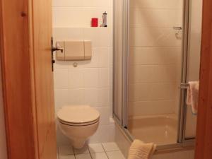 a bathroom with a toilet and a shower at Gästehaus Kress - Chiemgau Karte in Inzell +26 photos