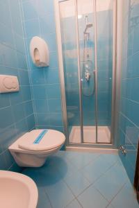a blue bathroom with a toilet and a shower at Hotel Giulia in Marina di Massa