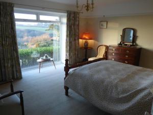a bedroom with a bed and a dresser and a window at Trerhose B&B in Mullion
