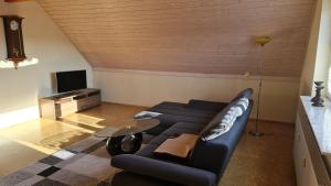 ein Wohnzimmer mit einem Sofa und einem TV in der Unterkunft Dörrebach bei Bingen am Rhein und Start zum Soonwald;Hunsrück in Dörrebach