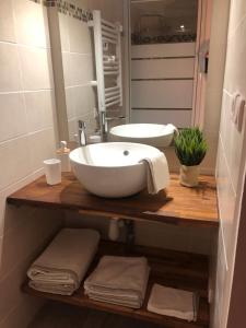 une salle de bain avec un grand lavabo blanc sur un comptoir en bois dans l'établissement Jardin de la Béchade, à Bordeaux