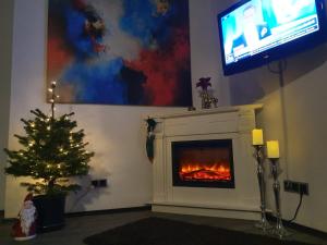un salon avec une cheminée et un arbre de Noël dans l'établissement Silver Mountain Luna CD05, à Poiana Brasov