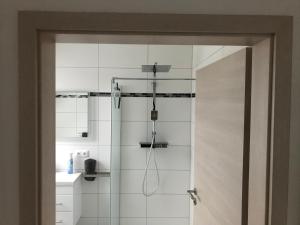 a bathroom with a shower with a shower head at FEWO Salzwedel, Zum Dorfplatz in Salzwedel