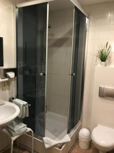 een badkamer met een douche, een toilet en een wastafel bij Hotel Schöne Aussicht in Weißenfels