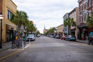 a city street with parked cars and palm trees at 243 Rutledge in Charleston