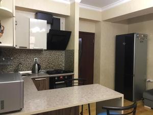 a kitchen with a counter top and a refrigerator at Baku Central Apartment in Baku