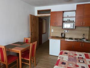 une cuisine et une salle à manger avec une table et une cuisine gmaxwell gmaxwell dans l'établissement Penzion u Buba, à Ostrov nad Oslavou
