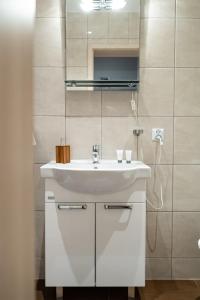 a bathroom with a white sink and a mirror at Studio Złotnicza in Jelenia Góra