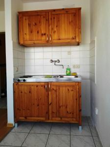 una cocina con armarios de madera y fregadero en Apartment in the center, en Dortmund