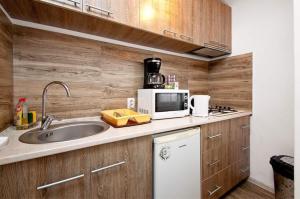 La cuisine est équipée d'un évier et d'un four micro-ondes. dans l'établissement Lyla Apartment, à Galaţi
