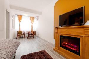 Il comprend un salon doté d'une cheminée et d'une télévision à écran plat. dans l'établissement Lyla Apartment, à Galaţi