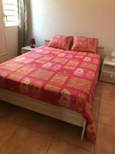 een slaapkamer met een bed met een roze dekbed bij Appartement BALISIER in Saint-François