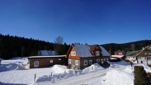 a group of buildings with snow on the ground at Chalet Schäfer s vyhřívaným bazénem se slanou vodou in Harrachov