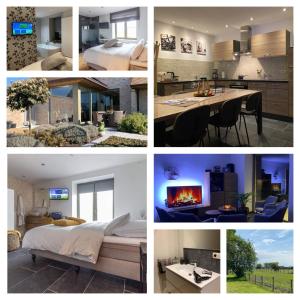 un collage de fotos de un dormitorio y una sala de estar en vakantiewoning le jardin de grand-mére en Oudenburg
