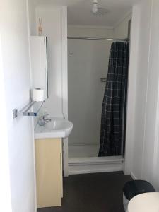 a bathroom with a sink and a shower at Kiwi As Guest House in Rotorua