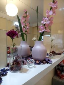 trois vases sur une étagère avec des fleurs en eux dans l'établissement Apartment with Terrace, à Casablanca
