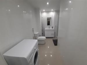 a white bathroom with a toilet and a sink at Apto T1 Sweet Home in Praia