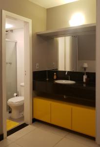 a bathroom with a sink and a toilet and a mirror at Mirante de Escarpas 1803 in Capitólio +29 photos