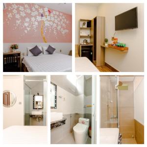 a collage of four pictures of a bedroom and a bathroom at 69'S HOMETEL in Can Tho