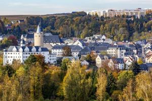 un paesaggio urbano di una città con edifici e alberi di Pension Zur Altdeutschen a Zschopau