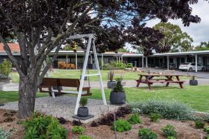 un parque con un banco y un árbol en Granite Belt Motel, en Stanthorpe