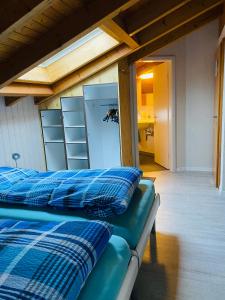 two blue pillows on a couch in a room at Privatzimmer / bed & breakfast in Andermatt