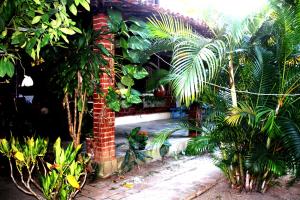 um jardim com palmeiras e um edifício de tijolos em Albergue Cultural São Salomão no Recife