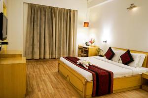 une chambre d'hôtel avec un lit et une télévision dans l'établissement Hotel Adityaz, à Gwalior