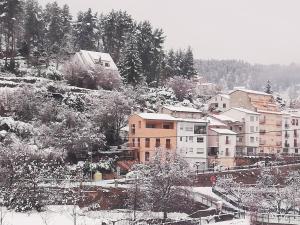 Casa Rural Los Pineros في Montán: مدينة مغطاة بالثلج مع المباني والأشجار