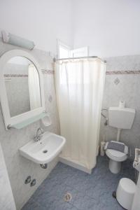 a bathroom with a sink and a toilet and a shower curtain at Louiza Hotel in Parikia