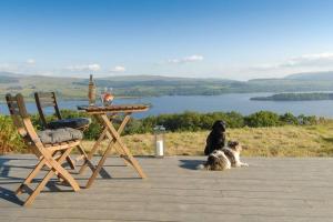a dog is sitting next to a table and a table and a tablektopktop at Columba Lodge, St Conan's Escape, Idyllic highland getaway in Dalmally