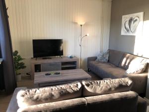 a living room with a couch and a flat screen tv at Ferienhaus Küstelblick in Medebach