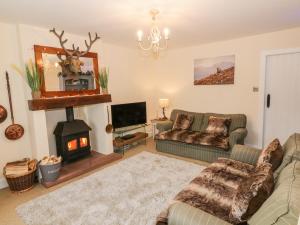 Shiel Cottage في ثورنهيل: غرفة معيشة مع أريكة ومدفأة