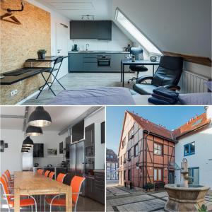 a kitchen and a living room in a apartment at Aparthotel Pumpengasse in Wolfsburg