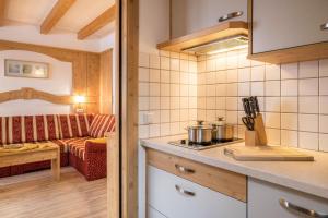 cocina con fogones y sofá en una habitación en Apartment Bärental - Gruberhof, en San Giacomo