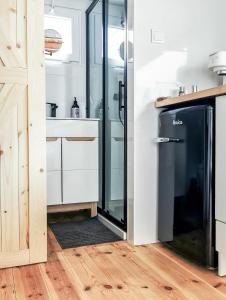 ReguliceにあるLushHills - Tiny House - Modern House On Wheelsのキッチン(ガラス張りのシャワー、冷蔵庫付)