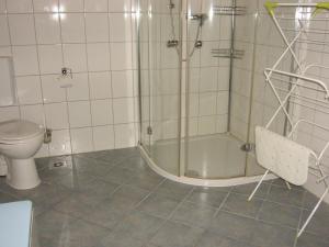 ein Badezimmer mit einer Dusche, einer Badewanne und einem WC in der Unterkunft Ferienwohnung Neureuth in Schillingsfürst