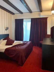 バイア・デ・フィエルにあるPensiunea Andreeaのベッド、デスク、窓が備わるホテルルームです。