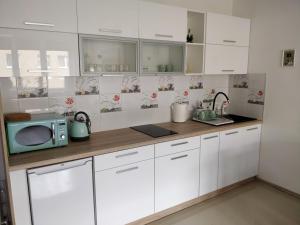 a kitchen with white cabinets and a blue microwave at Apartament Hel Leśna 8 in Hel