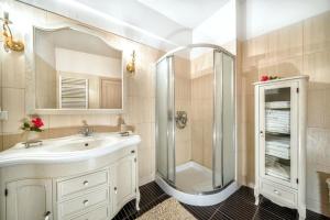 ein Bad mit einem Waschbecken und einer Dusche in der Unterkunft Ioannas Luxury Apartment in Istron in Kalo Chorio