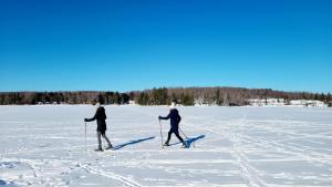 two people cross country skiing in the snow at Bonnie View Inn in Haliburton