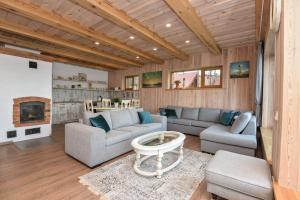 a living room with two couches and a fireplace at Vila LATO, Druskininkai in Latežeris