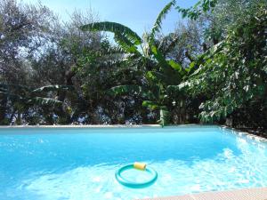 a blue swimming pool with a rubber ring in the water at Hotel Villa Bellavista in Praiano