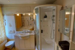 łazienka z umywalką, prysznicem i toaletą w obiekcie Quiet apartment close to town w Villach +19 zdjęć