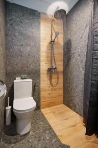 a bathroom with a toilet and a shower at Courthouse Apartments Slavi in Sofia