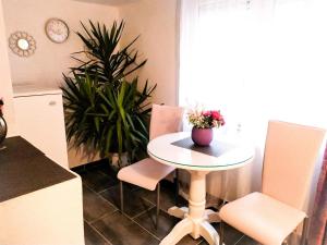 a table and chairs in a kitchen with plants at APARTMAN ANDREA 4 in Banja Luka