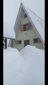 una casa con nieve en el techo en Golija Vikendica Česta Vrela en Raška