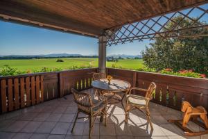 een patio met een tafel en stoelen en uitzicht op een veld bij Bauernhofferien Oberdürnberg in Seekirchen am Wallersee