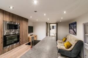 ヴェリエ・デュ・ラックにあるla terrasse du lacのソファとテレビのあるリビングルーム